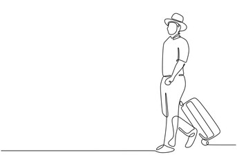 Minimalist vector art of a traveler with a suitcase in a continuous line drawing