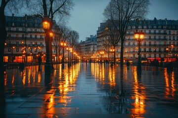 A Parisian Street at Dusk with Reflected Lights