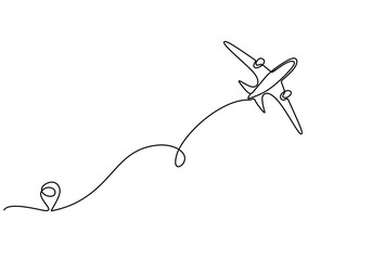 One line airplane drawing with location pin icon for simple travel destination illustration