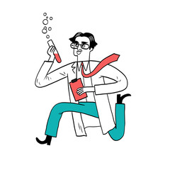A playful scientist cartoon character in a lab coat enthusiastically experiments with a test tube.
