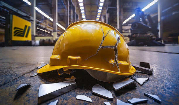 A broken protective hard hat split into two pieces lying on the industrial floor