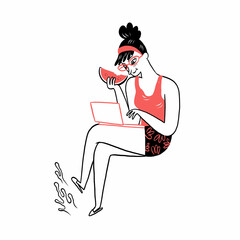 A woman balances work and relaxation, enjoying watermelon while using a laptop.