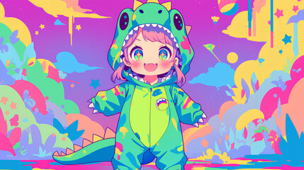 cute crocodile character wearing anime onesie costume, anime style, cute kawaii, simple, smiling happy, neon psychedelic background