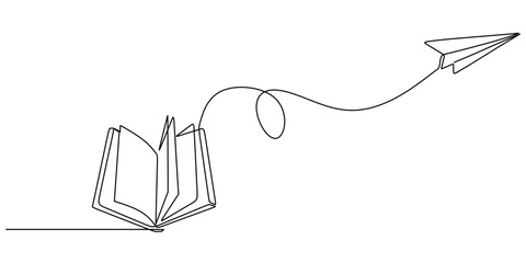 Minimalist vector art of an open book and paper plane merging literature and flight