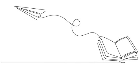 Minimalist Continuous Line Art of Open Book and Paper Plane Design