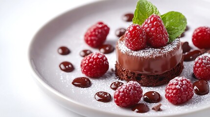 Plate with delicious chocolate fondant berries and mint isolated on white : Generative AI