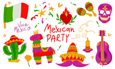 Naklejka premium Beautiful vector drawings, skull, flowers, Mexican heart, pinata, sombrero with mustache, maracas, guitar, candle, fireworks. Dedicated to a Mexican holiday, a party. Flat bright collection of objects