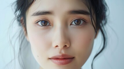 Fototapeta premium A portrait of an Asian model with radiant skin, using a brightening serum, simple and clean white background, natural light focusing on her luminous complexion, professional beauty shot, hd quality,