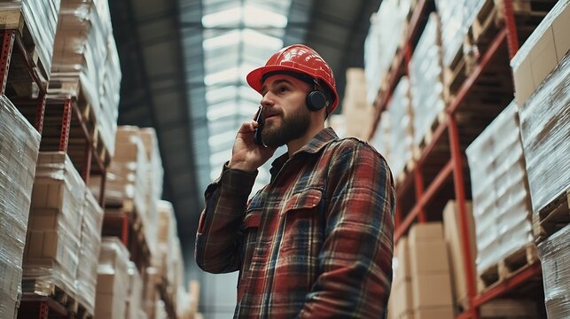 Business call talking Male worker is in the empty warehouse : Generative AI