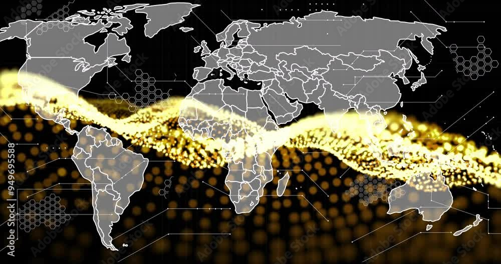 Poster global data flow animation over world map with yellow and black dots