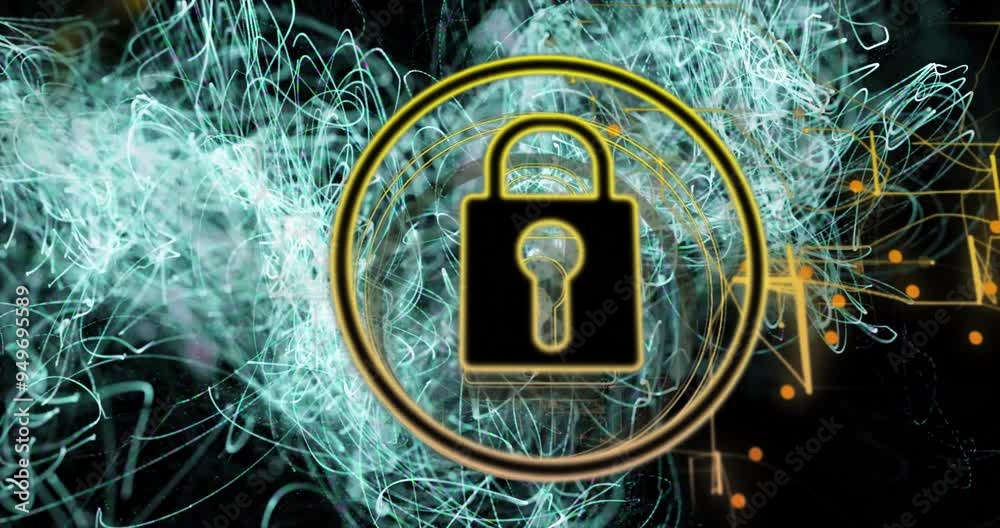 Poster lock icon animation over abstract digital lines and connections background