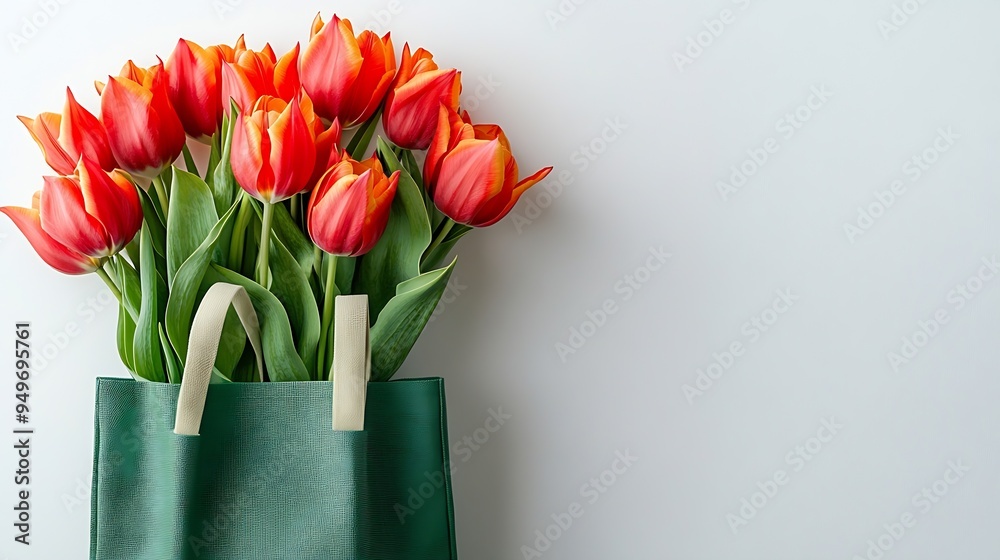 Poster tulip spring flowers in green bag isolated on white background floral composition with beautiful fre