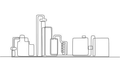 Continuous line art of oil refinery buildings in sleek vector design