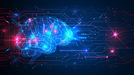 Fototapeta premium Neon brain illustration with digital connections on a dark background. A vibrant illustration of a brain emits neon light, showcasing digital connections and technology in a futuristic setting.