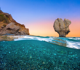 Preveli beach at Libyan sea, river and palm forest, southern Crete , Greece