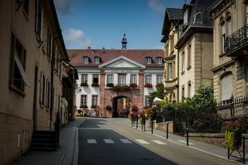 Fototapeta premium view on the city hall of the beautiful village of Riquewihr in Alsace