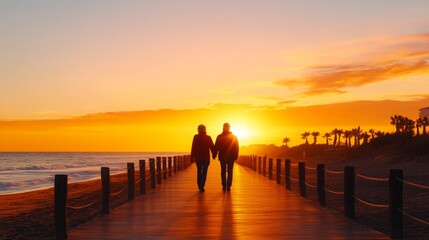serene beach retirement scene , retired couple walking on beach , long-term financial planning for retirement , serene beach scene , retired couple walking