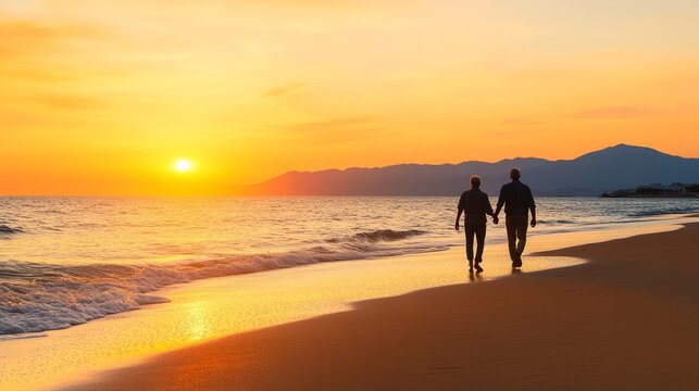 serene beach retirement scene , retired couple walking on beach , long-term financial planning for retirement , serene beach scene , retired couple walking - Powered by Adobe