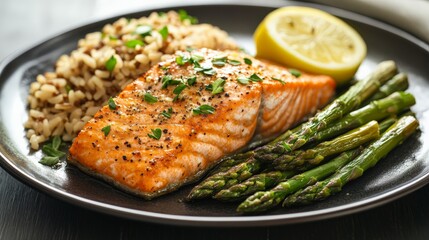 Delicious grilled salmon fillet with asparagus, rice, and a lemon wedge served on a dark plate, garnished with fresh herbs.