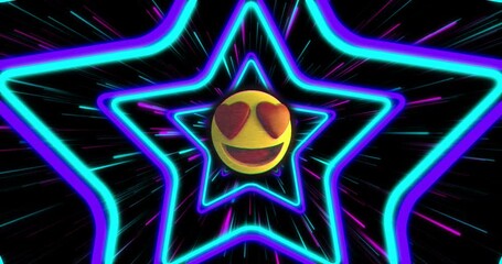 Heart eyes emoji animation over neon star shapes on black background - Powered by Adobe
