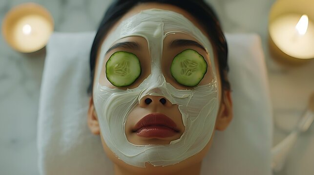 A serene spa environment with an Asian model lying down with a sheet mask and cucumber slices on her eyes, surrounded by soft lighting and a calming ambiance, hd quality, ultimate relaxation.