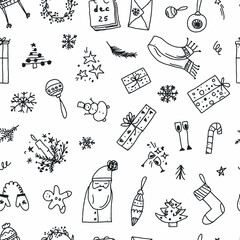 Happy new year. Seamless pattern of outline сhristmas decorations. Template for Notebook covers, pattern for wallpapers, textile, wrapping paper. Doodle vector illustration. Childish naive art style