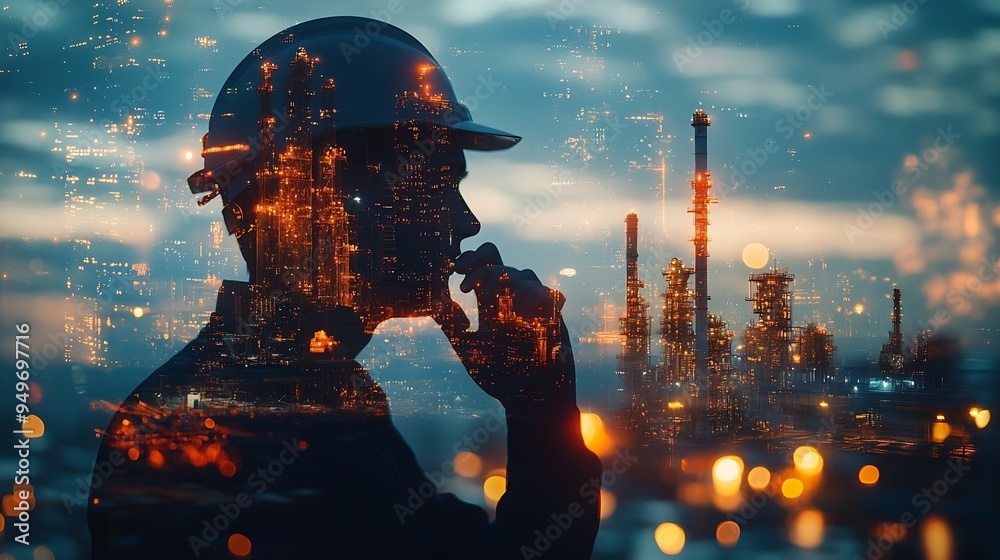 Aufkleber The double exposure image of the engineer thinking overlays with cityscape image with copy space The concept of engineering construction futuristic and industry : Generative AI