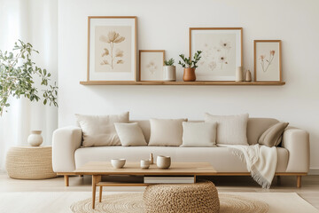 Fototapeta premium A modern living room featuring a sleek grey sofa paired with a warm wooden TV shelf. The shelf is decorated with a mix of modern and Japandi-style elements,