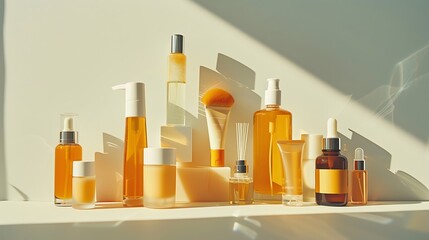 An aesthetic flat lay of daily skincare products, including toner, serum, moisturizer, and sunscreen, arranged in an orderly fashion on a minimalist surface, soft natural light highlighting each item,