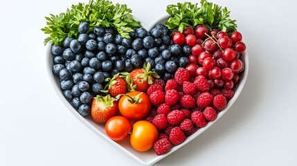 Nutritional food for heart health wellness by cholesterol diet and healthy nutrition eating with clean fruits and vegetables in heart dish by nutritionist and doctor recommended for pa : Generative AI