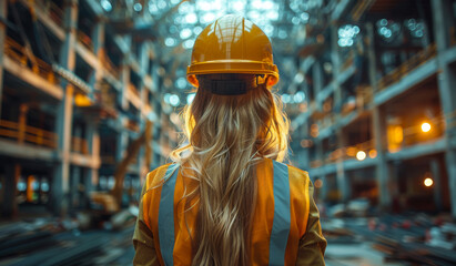 Obraz premium Worker inspects busy construction site in daylight. A woman in a hard hat and safety vest watches over a bustling construction site as natural light filters through the structure.
