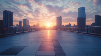 Obraz premium Empty square floor and pedestrian bridge with modern city buildings scenery at sunset : Generative AI
