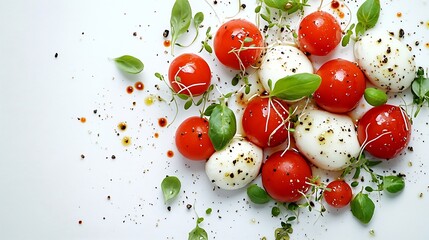 Tomato Caprese salad with mozzarella and micro sprouts on white background : Generative AI