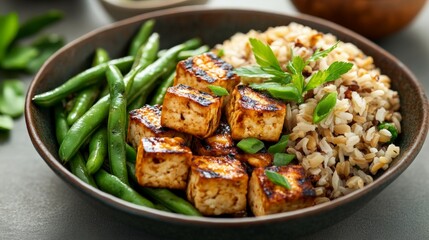 Fototapeta premium Delicious grilled tofu with green beans and barley, garnished with fresh herbs, served in a brown bowl, perfect for a healthy vegetarian meal.