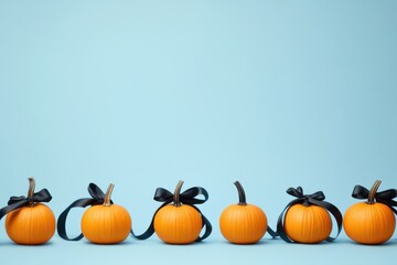 A row of small orange pumpkins decorated with black ribbons on a light blue background