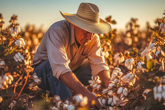 Farmer, Baumwollpfl&uuml;cker arbeitet auf einem Baumwollfeld, Generative AI