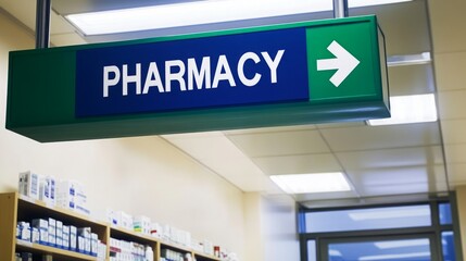 Fototapeta premium Direction to Pharmacy at Hospital Clearly Marked, Arrow Sign Points Right