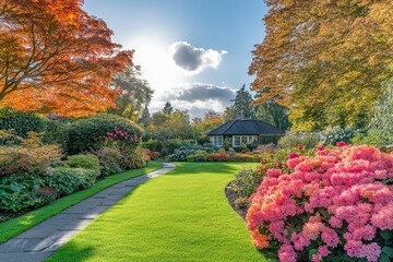 Fototapeta premium Stone Path Leading to a Cottage in a Lush Autumn Garden