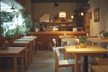 Cozy caf? interior with wooden furniture and plants, creating a relaxing atmosphere.