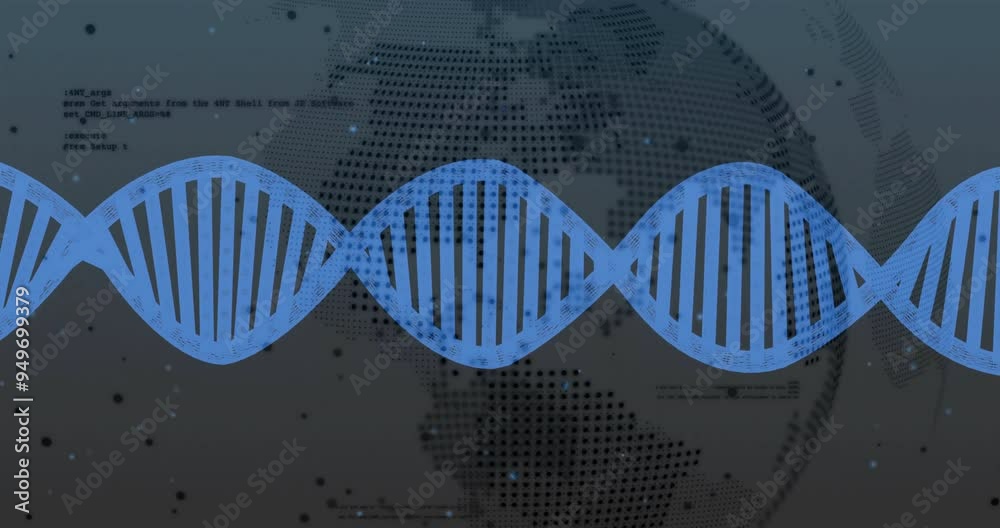 Poster dna strand animation over digital world map and binary coding