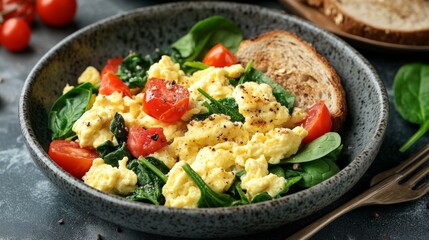 Delicious scrambled eggs with fresh spinach and tomatoes, served in a rustic bowl with whole grain bread.