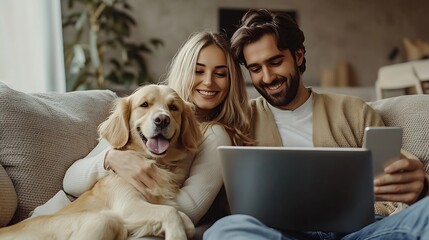 Portrait of happy young couple using laptop man holding mobile phone hugging dog sitting together on comfortable sofa at home Online shopping concept : Generative AI