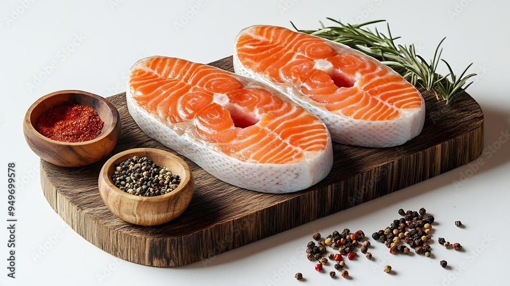 Poster wooden board with raw salmon steaks and different spices on white background : generative ai
