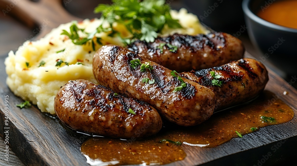 Poster devilled sausages with mashed potato spiced tomato and apple sauce : generative ai