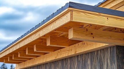 Currently joist framework for house is being installed along with gutter holders soffit fascia trim on house under construction : Generative AI