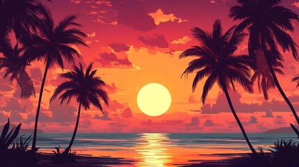 Tropical Sunset Landscape with Palm Trees