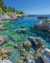 Obraz premium Clear turquoise water and rocky shores. AI.