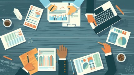 Fototapeta premium Top View Corporate Cartoon Illustration of Business Strategy Concept.