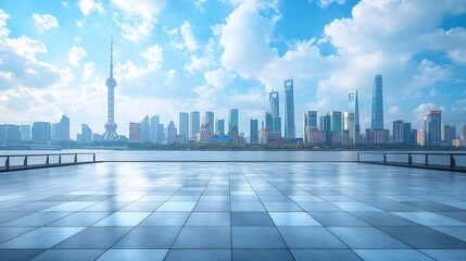 Empty square floor and bridge with city skyline under blue sky : Generative AI