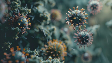 microscopic shot of different types of microbes Virus cells and bacteria background